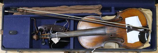 A French violin with one-piece back, cased with bow,